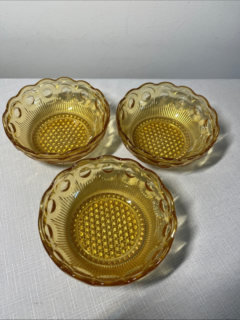vintage Bartlett Collins amber glass dessert bowl Manhattan circle dot pattern